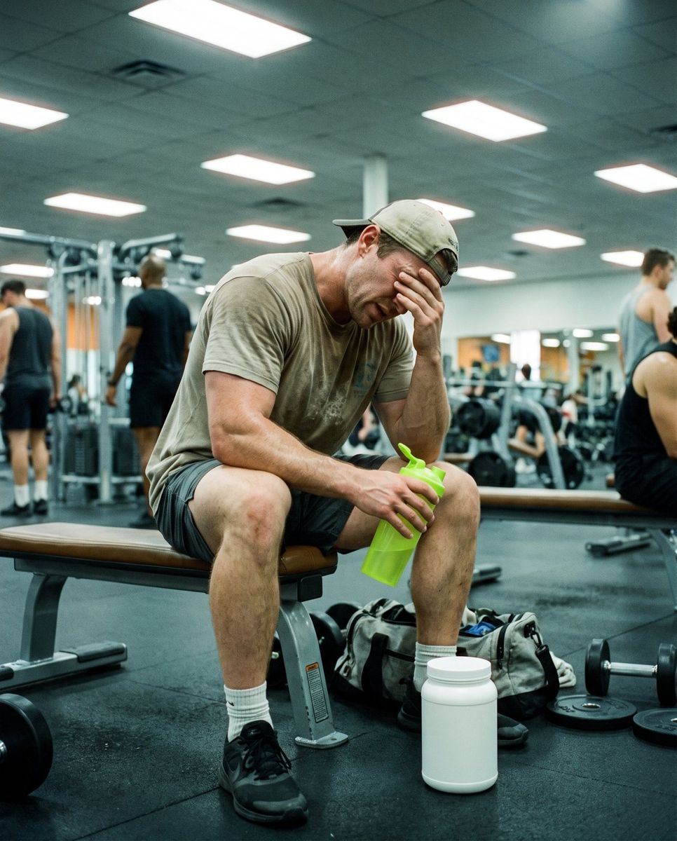 Lifter slumped on a bench with a shaker bottle, drained