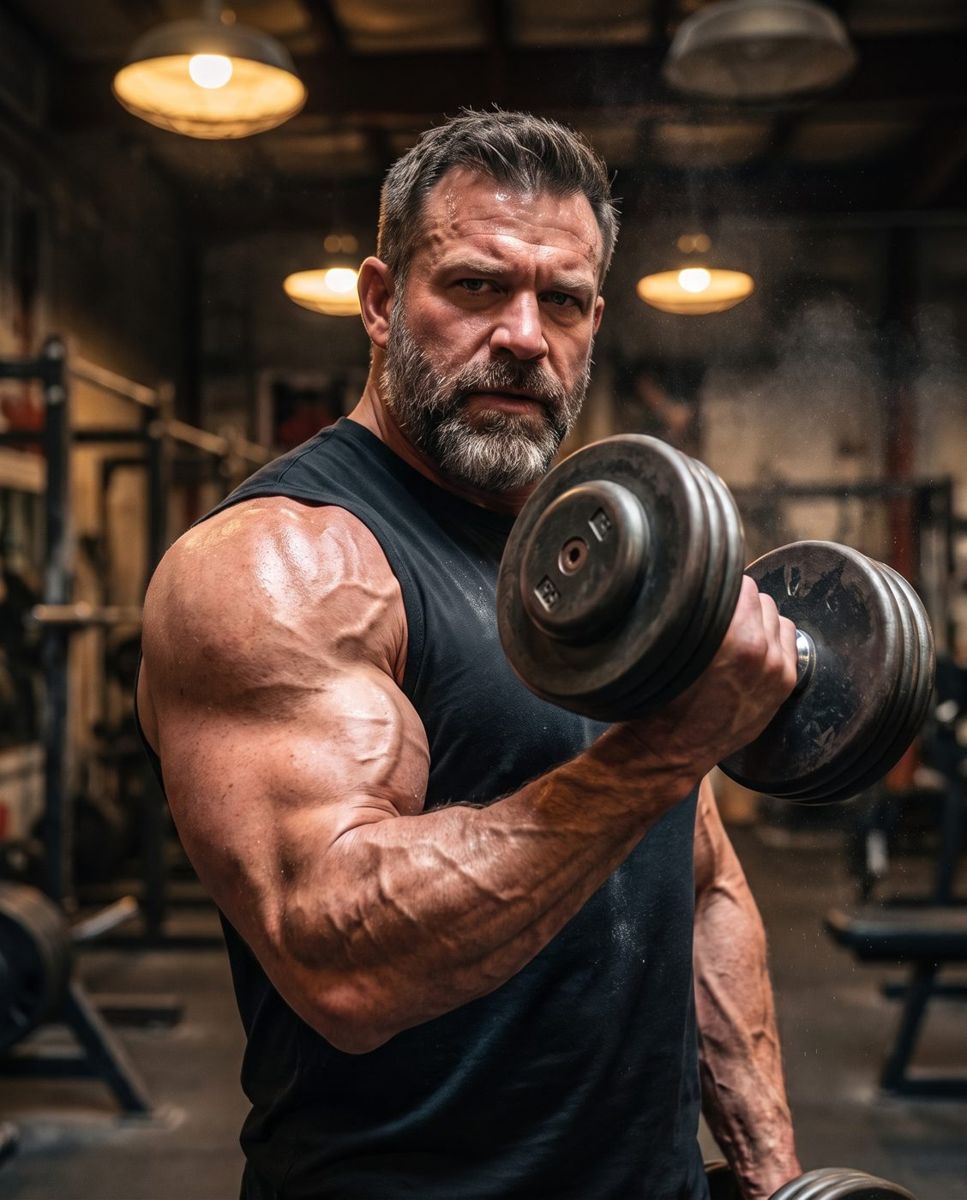 Grey-bearded lifter in his 50s with a huge, vascular arm curling a heavy dumbbell