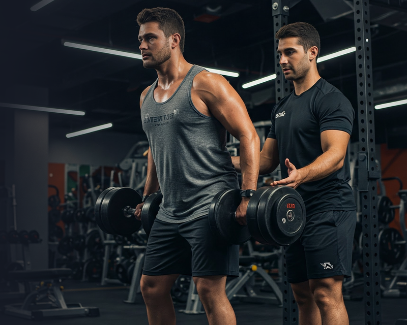 Two men training with dumbbells in a gym