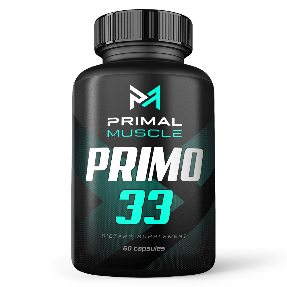 Bottle of Primal Muscle Primo 33 dietary supplement with 60 capsules.