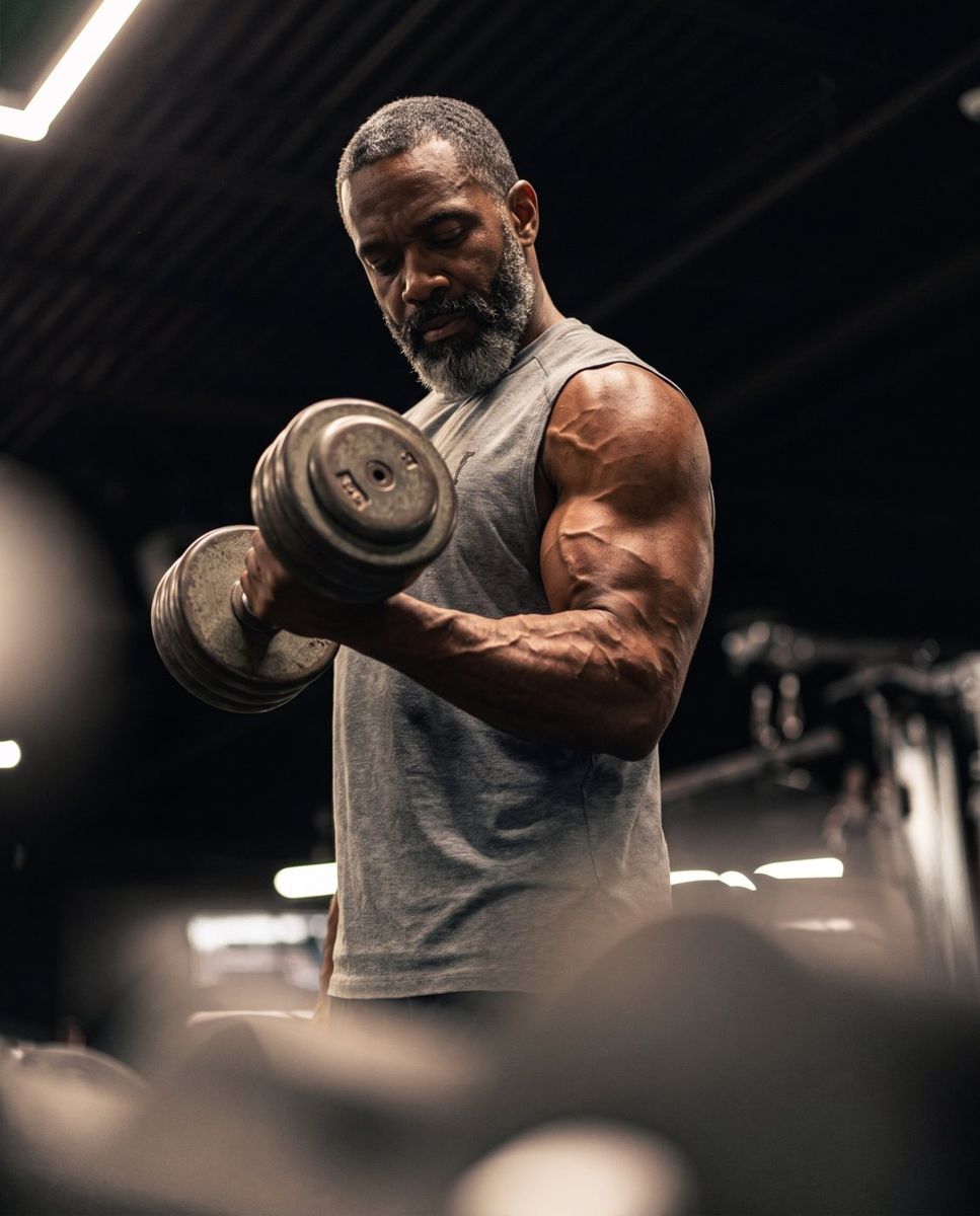 Jacked, vascular Black lifter around 50 with a grey beard doing a heavy dumbbell curl