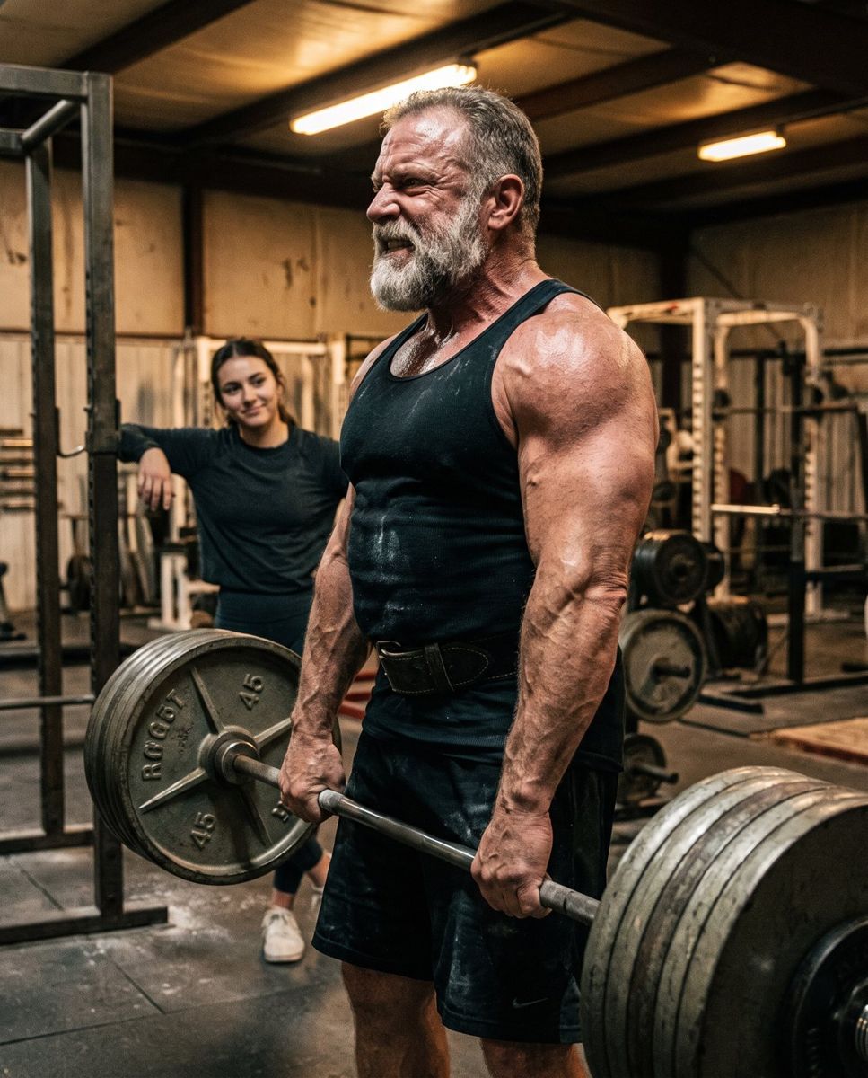 Jacked, bearded lifter around 50 locking out a heavy deadlift while a woman watches him from across the gym