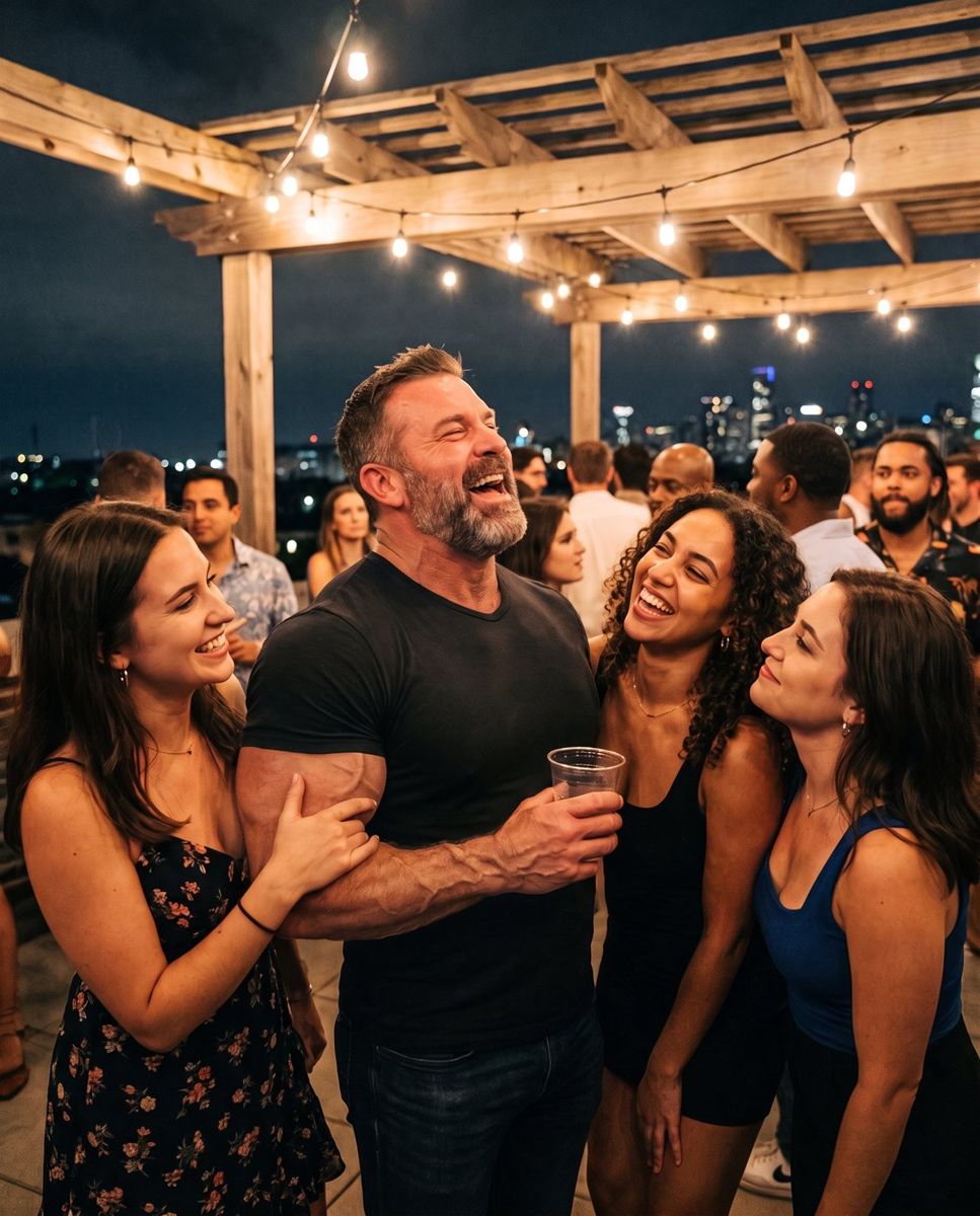 Jacked bearded guy in his late 40s at a rooftop party with three young women fawning over him