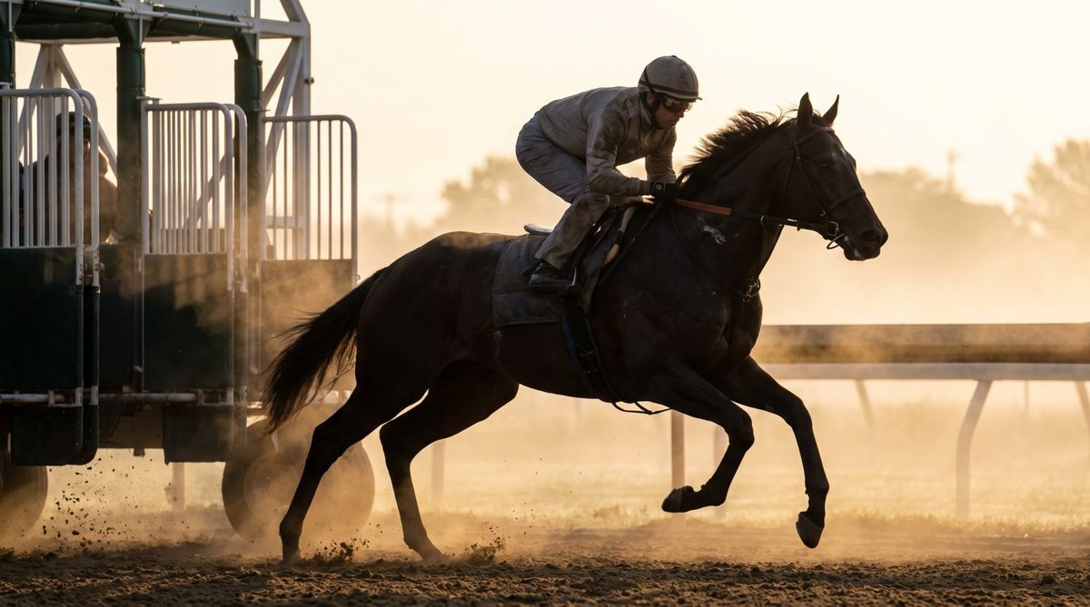 Thoroughbred racehorse exploding out of the starting gate